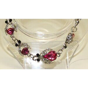 Vintage Silver-Tone Bracelet With Pink & Black Rhinestones Floral Design